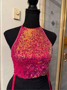 Club Exx Fuchsia Sequin Halter Crop Top with Gold Iridescence.